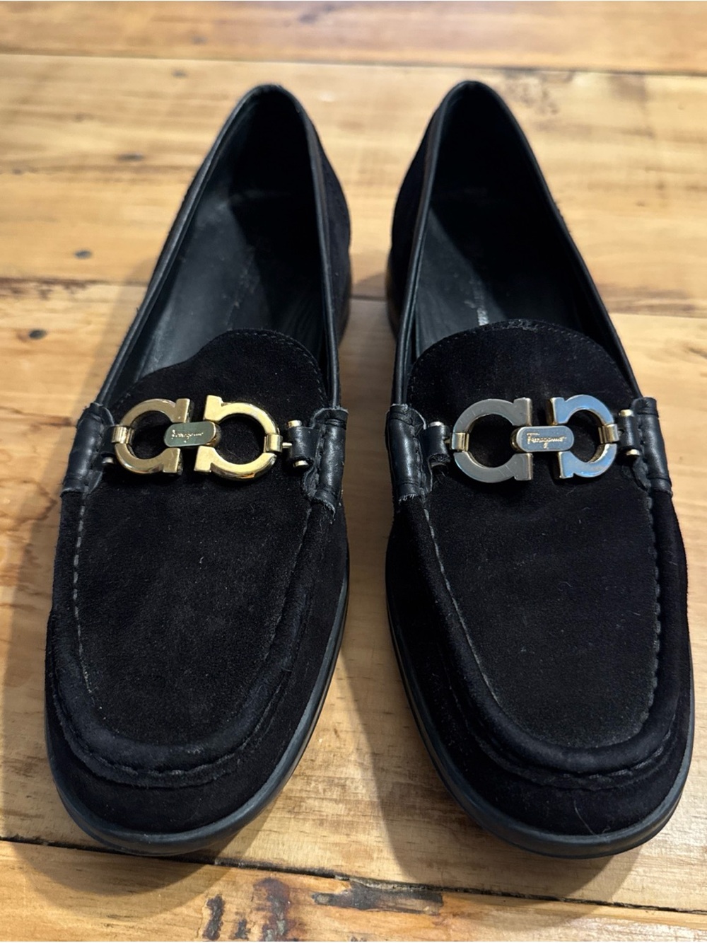 Ferragamo Gancini Suede Loafers Black Gold Hardware Classic Italian Size 8